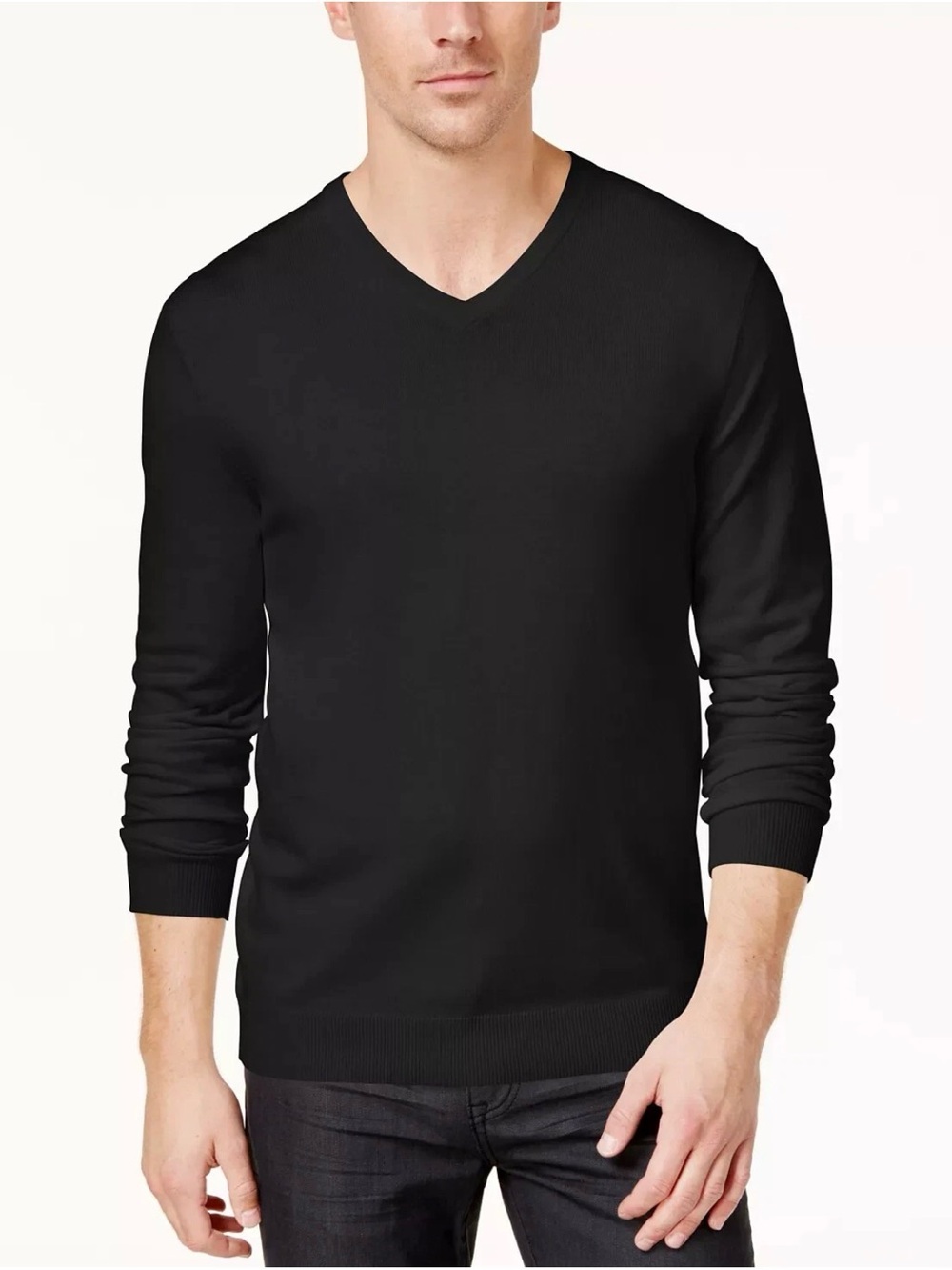 Alfani V-Neck Cotton Blend Sweater - Deep Black - Men's medium